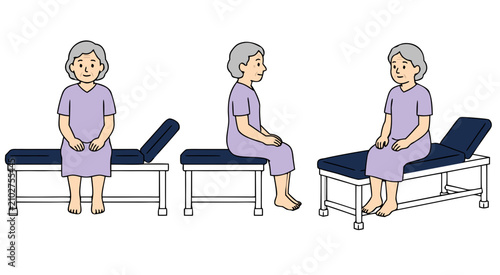 Title
Elderly Female Patient Sitting Positions on Medical Examination Table Flat Vector Healthcare Illustration Set Isolated on White Background