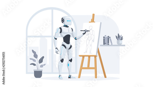 Futuristic artificial intelligence robot drawing a detailed human body sketch on an easel in a modern studio.
