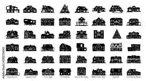 :
House Silhouette Vector Set Modern Residential Home Collection Isolated on White Background