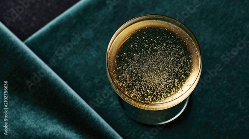A close-up overhead view of a glass of champagne with bubbles rising.