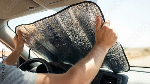 Car Sun Protection Concept, Man Installing Silver Reflective Sunshade On Windshield From Inside Automobile Dashboard