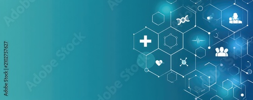 Abstract medical science technology background with hexagons and icons.