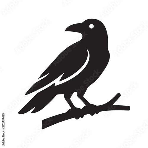 Obraz na plátně Black silhouette of a crow perched on a branch with silhouette wildlife minimali