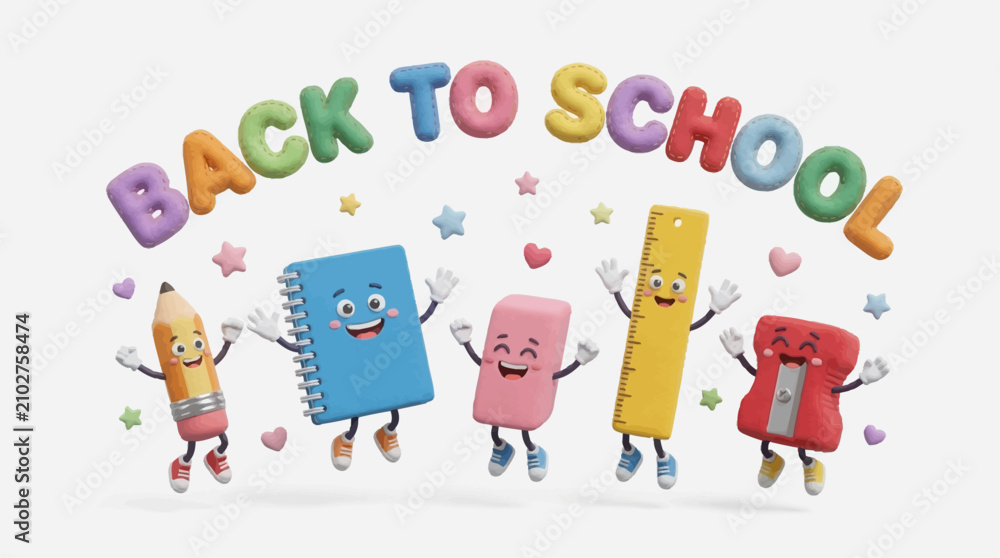 Fototapeta premium Cute 3D back to school illustration featuring smiling notebook, book, pen, pencil, ruler, sharpener and eraser characters. Ideal for education, children, classroom promotions and learning materials.
