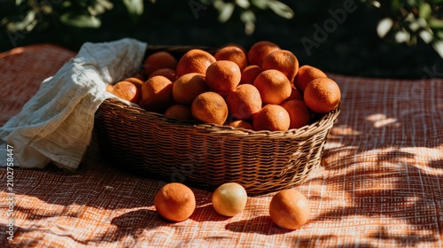 Abundant Basket of Ripe Apricots Bathed in Golden Sunlight.
