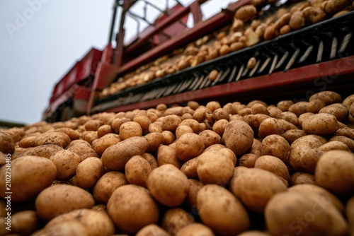 Abundant Harvest of Fresh Potatoes Being Processed by Agricultural Machinery.