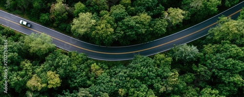 Aerial drone view of a winding road through a lush green forest with a car driving on it.