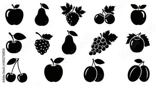 Collection of black fruit silhouettes on white background with silhouettes various fruits fruits including apples apples pears cherries cherries grapes plums