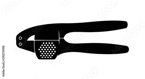 Foto Black garlic press on white background with minimalist kitchen cooking utensil s