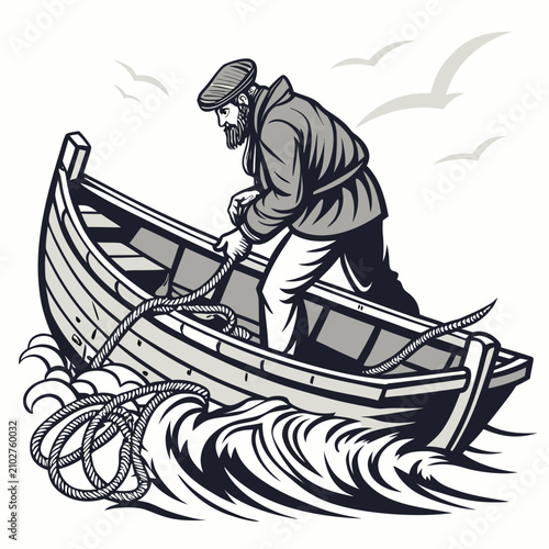 Canvas Print A black and white of a bearded fisherman in a cap standing inside a wooden rowbo