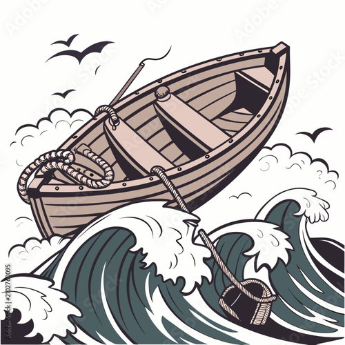 Canvas Print A black and white of a wooden rowboat floating on rough, choppy sea waves with s
