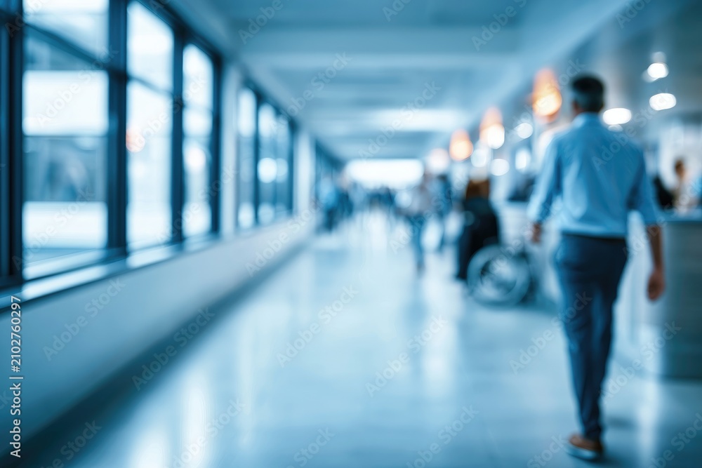 Fototapeta premium Blurred image of a man walking down a modern hallway with large windows.
