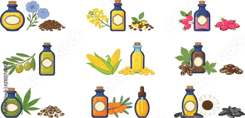 Bild auf Leinwand Organic Natural Cosmetic and Cooking Oil Glass Bottle Vector Icon Set Featuring