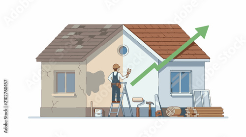 A home renovation shows a damaged house turning into a renovated one
