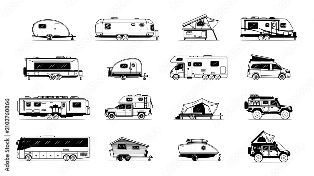 Obraz premium Travel Trailers and Campers in Various Styles and Designs Featuring Vehicles, Camping, Road with Trip and Adventure Elements
