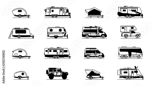 Travel Trailers and Campers in Various Styles and Designs Featuring Vehicles, Camping, Caravan with Mobile and Home Elements