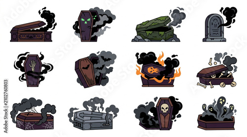 Bild auf Leinwand Spooky Halloween Icons Featuring Coffins Tombs and Ghosts Emerging from Smoke