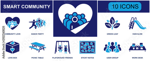 Smart community icon set. Containing community love, dance party, green leaf, kids slide, love box, picnic table, playground friends, sticky notes, group and more. Solid fill vector icons.