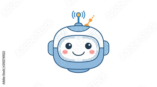 Cute and friendly AI chatbot avatar with a smiling face and active antenna, perfect for illustrating innovative technology, customer support, and futuristic digital communication concepts