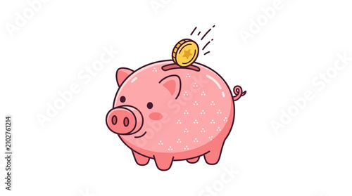 Cute pink piggy bank with a gold coin flying into it, representing saving money and financial growth
