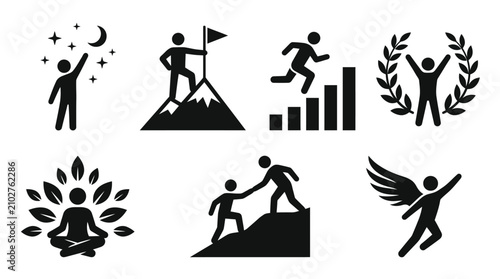 Foto Motivational icon set showing achievement, growth, meditation, teamwork, and asp