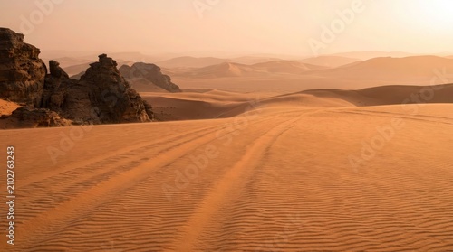 Desert landscape with sand dunes. Golden sunset over arid wilderness and rocky terrain.