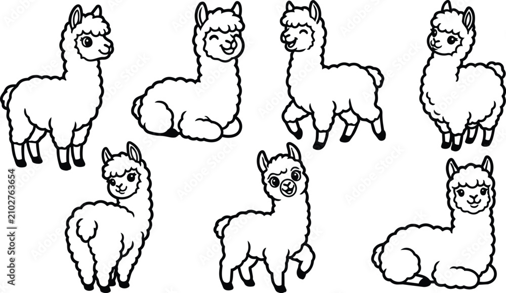Naklejka premium Line art illustration of six cute llamas in playful poses for vector design