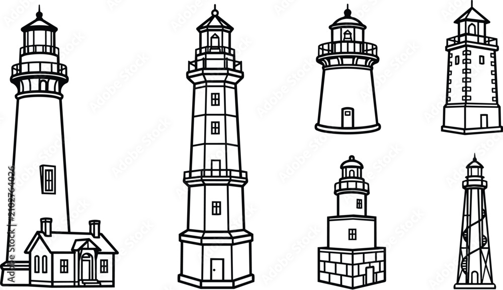 Obraz premium Line art vector of seven lighthouse illustrations with varied shapes and heights