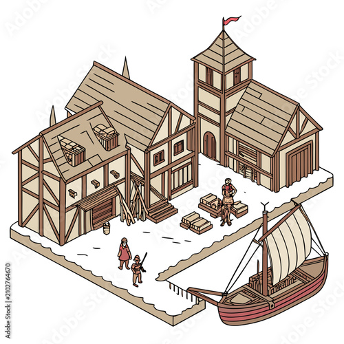 Schilderij op canvas Isometric view of a medieval coastal settlement with wooden houses, a stone towe