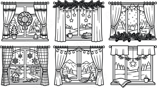 Winter holiday window scenes with snow village and christmas curtains