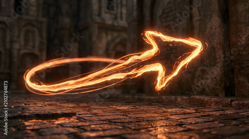 Fiery arrow shape with circular element, long exposure photography form