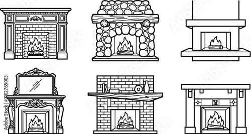 Line art six fireplace designs in black and white, vector illustration set