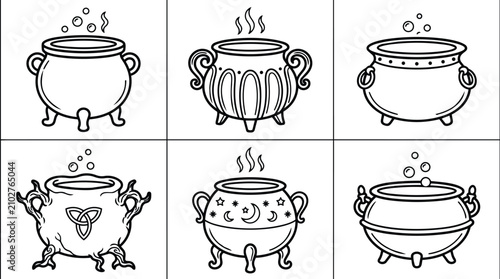 Six witch cauldrons line art set in a grid for vector design