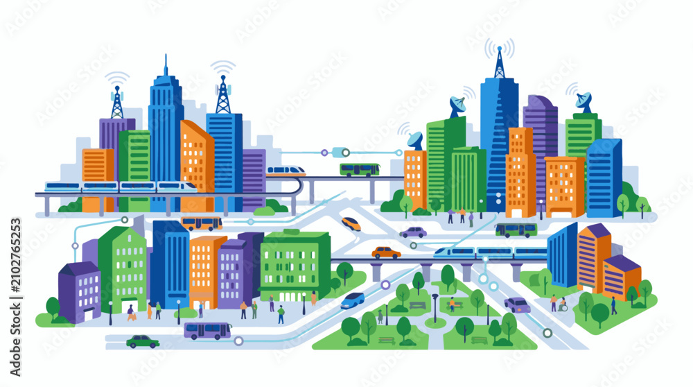 Obraz premium A modern connected cityscape with buildings trains cars and buses