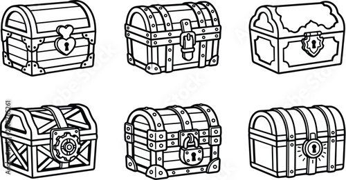 Vector line art set of treasure chests in black and white, outline style
