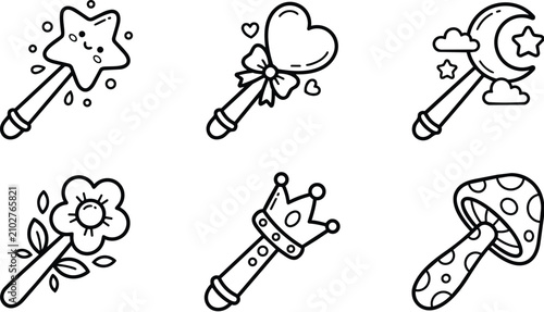 Set of magical wand doodles with star, heart, moon, crown, flower and mushroom icons