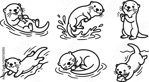 Line art vector illustration of playful otters swimming and playing in water