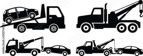 Foto Car Evacuation Tow Truck Silhouette Set For Roadside Accident Recovery And Emerg