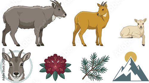 Φωτογραφία Mountain Goat Wildlife Collection with Adult, Juvenile, Kid, Alpine Flowers, Pin