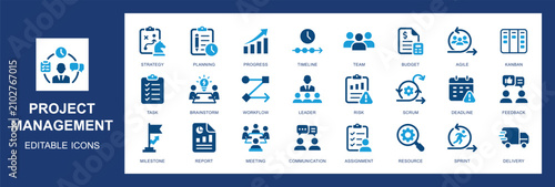 Project management and workflow solid icon set. Includes symbols for Agile, Kanban, Risk, Timeline, and Milestone. Vector icons for business presentations, corporate dashboards, and startup tools. 