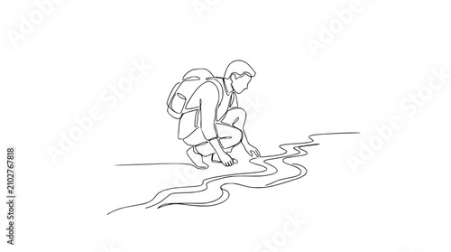 Foto Man Squatting by Winding Stream, Backpack, Minimalist Line Art