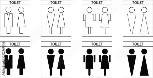Toilet solid black icons depicting male and female figures, bathroom pictograms vector illustrator.