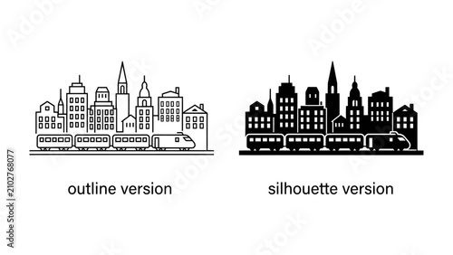 Foto Cityscape with Train - Outline and Silhouette Versions: A stylized depiction of a city skyline featuring various buildings and a train, presented in both outline and silhouette styles