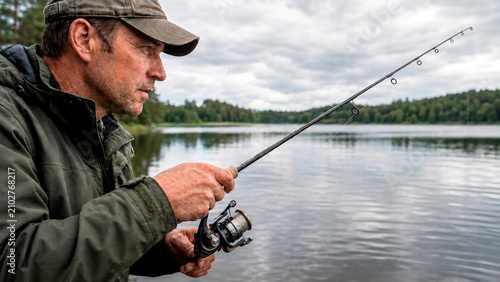 Middle aged man fishing with a rod on a lake. Focused fisherman wearing outdoor gear holding a spinning reel. Outdoor recreation and angling hobby concept