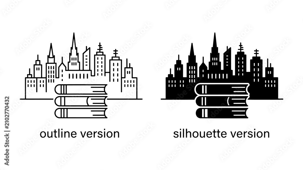 Obraz premium Cityscape with Books: A modern cityscape represented in both outline and silhouette versions, paired with a stack of books, symbolizing knowledge, education, and urban development.