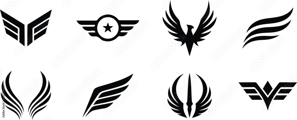 Fototapeta premium Wing Logo Vector Set, Eagle Wings, Military Badge and Aviation Emblem Collection