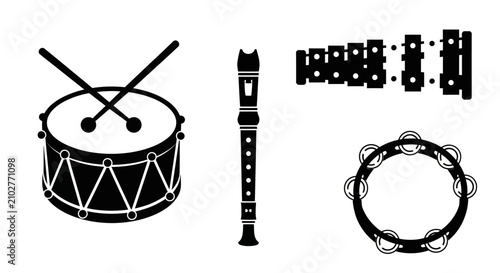 Photography Black and white musical instruments icons with drumsticks recorder castanets ins