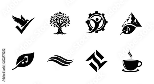 Canvas Print Collection of eight black and white logos on plain white background with each re