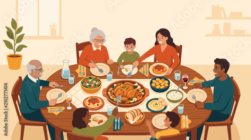 Flat vector illustration of a family-style dinner with shared dishes around a central platter. Overhead dining scene with copy space, celebrating togetherness, hospitality, and home cooking.