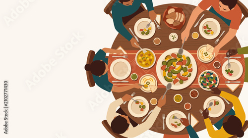 Flat vector illustration of a family-style dinner with shared dishes around a central platter. Overhead dining scene with copy space, celebrating togetherness, hospitality, and home cooking.